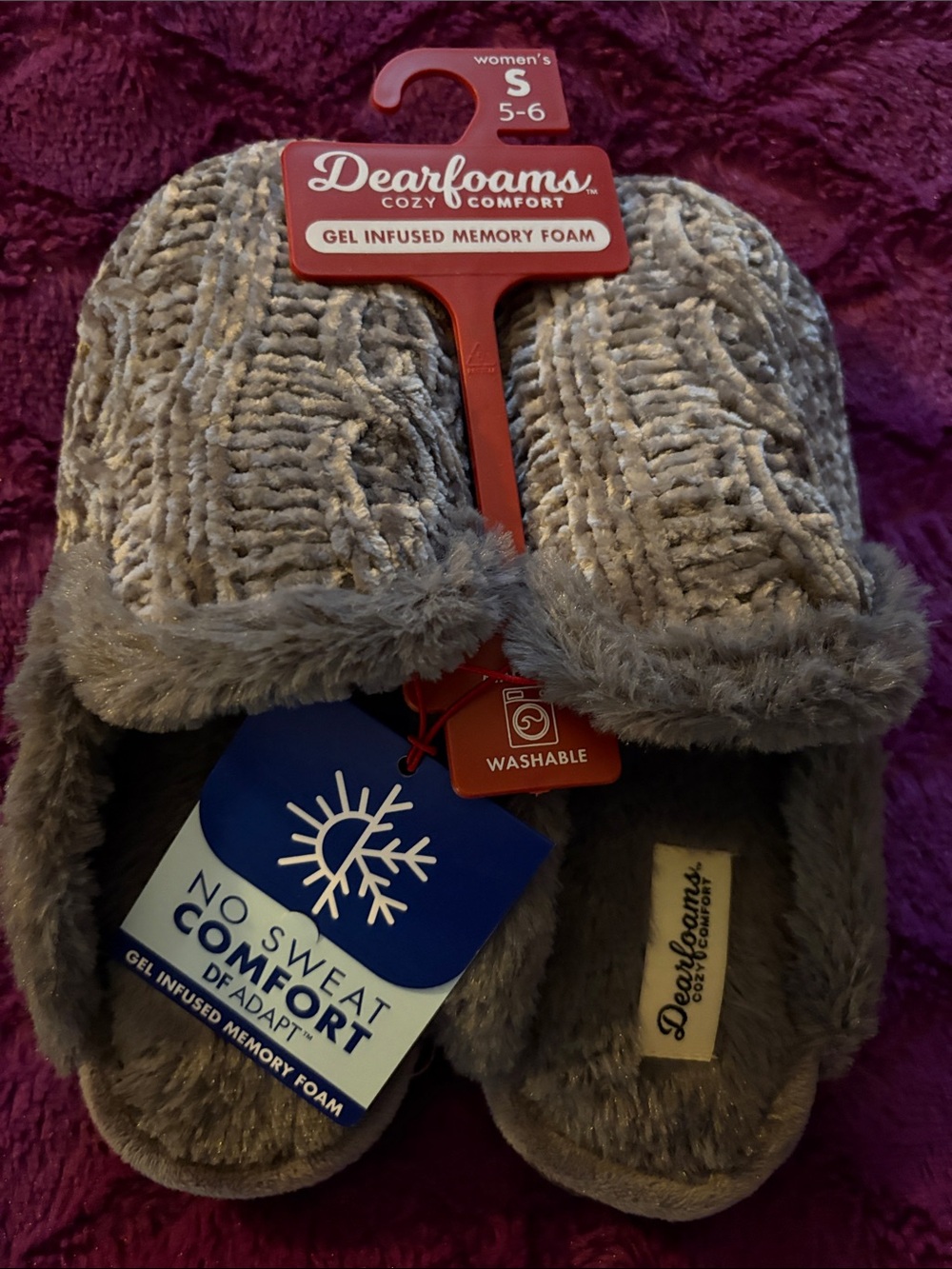 dearfoams Gray Plush Slip-On Memory Foam Slippers